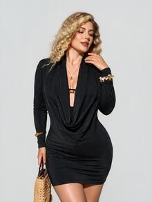 Enliva Plus Size Cowl Neck Long Sleeve Bodycon Mini Dress For Hourglass - Black - View 4
