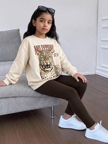 SHEIN 兒童青少年女孩休閒舒適軟綿圓領長袖套頭虎紋印花衛衣＋純色棕色內搭褲2件套，適合秋冬穿著 - 卡其色 - 查看 1