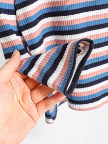 SHEIN 青少年女孩休閒針織彩色條紋圓領長袖上衣 - 藍色 - 查看 3