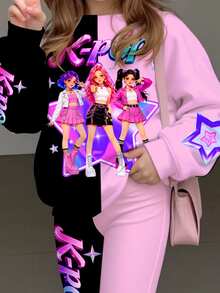 SHEIN 兒童小女孩字母卡通 K-Pop 印花長袖秋季運動衫與運動長褲休閒日常套裝 - 彩色 - 查看 5