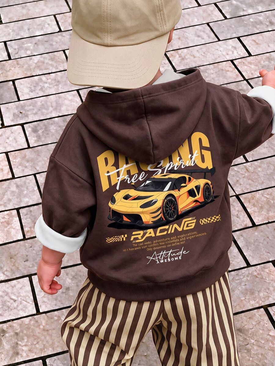 Hooded Sweatshirt + Bolty Wide Leg Pants, Classic Cool Racing Graphic Print, Stylish Text Graphic Print - Multicolor - View 1
