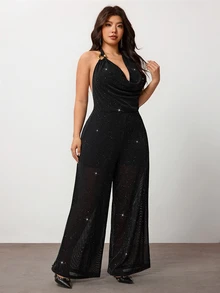 Enliva Plus-Size Draped Backless Jumpsuit With Metallic Embellishments, Perfect For Parties Hourglass - Black - View 5