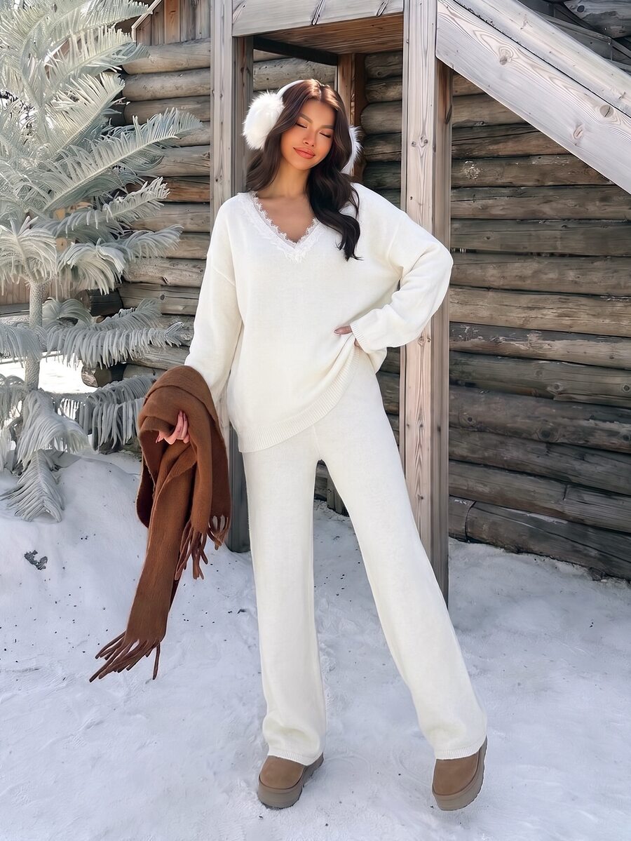 Dulcita Women's Lace Trim Long Sleeve Top And Pants Knit Two Pieces Set - White - View 1