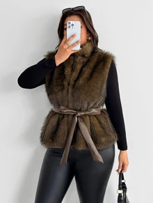 Firerie Plus Size Vintage Faux Fur Vest Jacket - Brown - View 6
