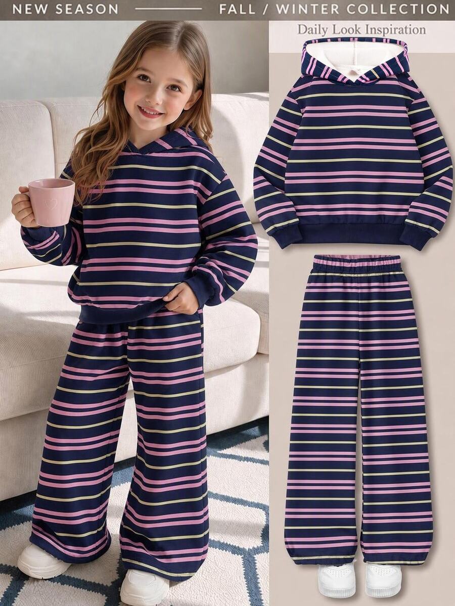 SHEIN 可愛時尚黑醋栗草莓奶昔粉色拼色條紋女童幼兒休閒舒適連帽衛衣與寬鬆長褲套裝,適合秋冬日常、運動、返校、外出,美式街頭風,甜酷慵懶,隨性時尚,少女風,秋冬穿搭,新年新造型 - 彩色 - 查看 1