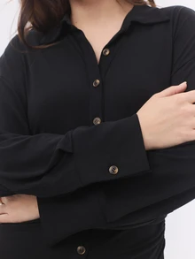 KÆRIA Hus Ruched Maxi Shirt Dress - Cupro-Blend Jersey - Black - Button-Up, Workwear, Evening, Christmas Party - Black - View 7