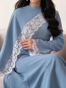 Feyla New Design Elegant Romantic Lace Patchwork Shawl Lace Elegant Waist-Cinching Slimming A-Line Banquet Dress - Blue - View 2