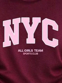 SHEIN Tween Girls 2 Pcs Letter Print Long Sleeve Tops & Wide Leg Pants, Navy Pink Fall Winter Outfit - Burgundy - View 5