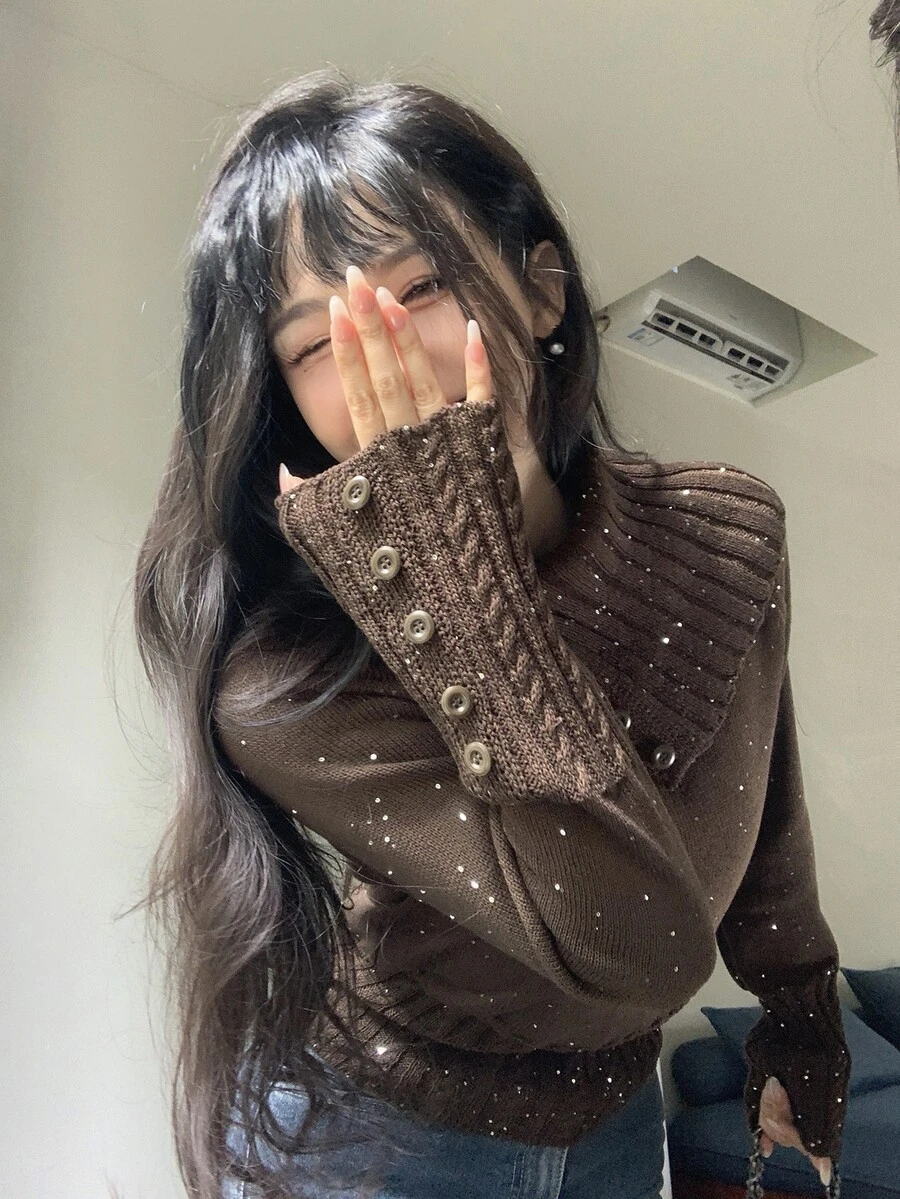 DAZY Women's Sequin Button Long Sleeve Vintage Sweater - Brown - View 1