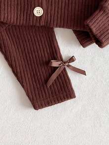 SHEIN 2pcs Toddler Baby Girl Cardigan Pants Set Burgundy White Floral Knit Lace Collar Rib Bows Long Sleeve Round Neck Button Front Fall Winter - Brown - View 7