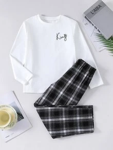 SHEIN 大童男孩字母印花長袖上衣與長褲休閒日常居家睡衣套裝 - 彩色 - 查看 6