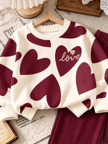 SHEIN 2件組休閒時尚甜美可愛愛心圖案LOVE印花圓領長袖抓絨衛衣套頭衫與寬腿運動褲套裝 - 彩色 - 查看 3