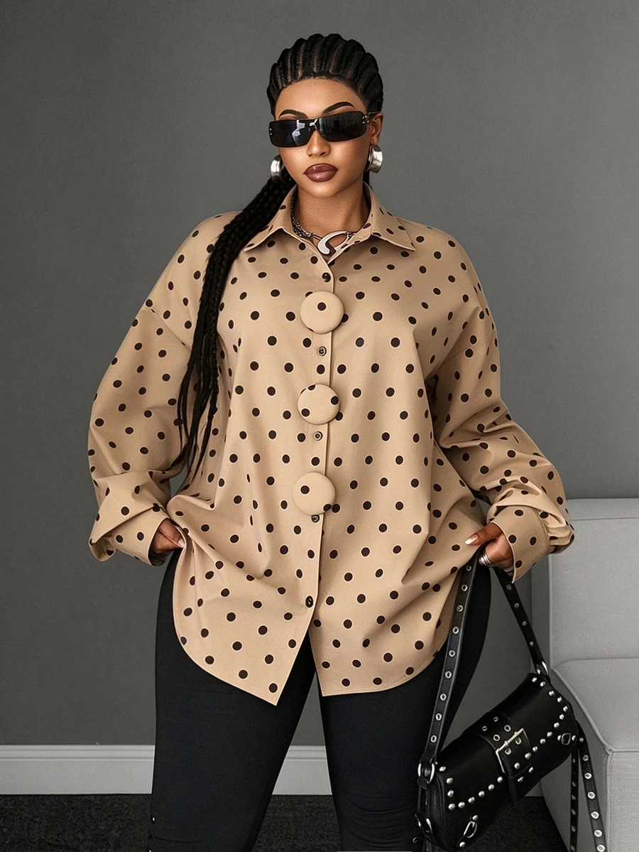 Maweii Plus Size Fashion Button Long Sleeve Polka Dot Shirt - Khaki - View 1