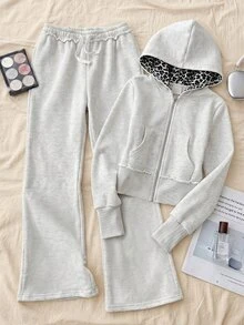 SHEIN Kids Tween Girl Autumn/Winter Casual Street Fashion Fleece Lined Thick Light Color Leopard Print Patchwork Zip-Up Hoodie & Wide Leg Sweatpants 2pcs Set Fall/Winter Outfits - Grey - View 1