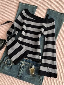 Elamini Women's Autumn/Winter Long Sleeve Asymmetrical Shoulder Flared Sleeve Striped Knit Sweater - Black - View 4