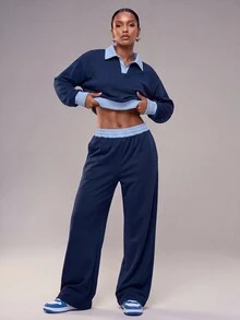 Zivah Women's Colorblock Long Sleeve Top And Pants Casual Daily Sportswear Set - Blue - View 1