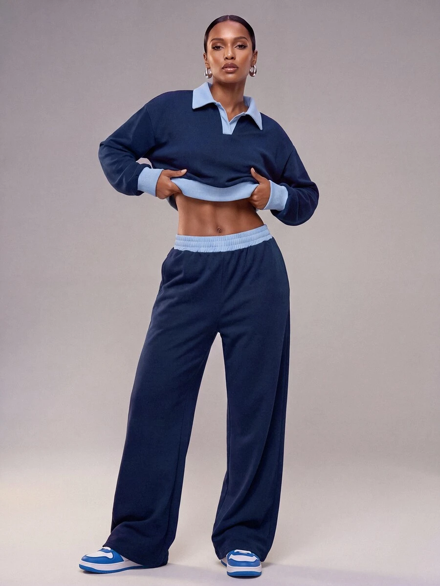 Zivah Women's Colorblock Long Sleeve Top And Pants Casual Daily Sportswear Set - Blue - View 1
