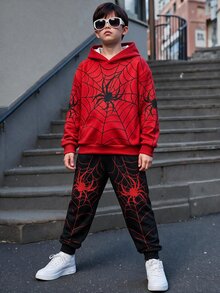 SHEIN Tween Boy Casual Minimalist Long Sleeve Hooded Comfortable Sweatshirt 2 Pieces Set, Suitable For Autumn/Winter, Classic Cool Spider Graphic Print, Classic Spider Web Graphic Print - Multicolor - View 1