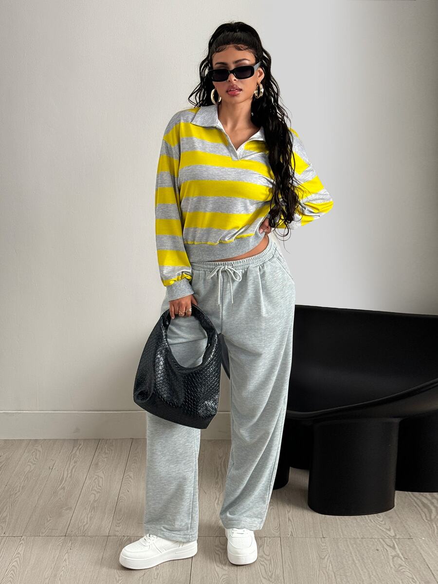 Dewbera Dewbera Yellow Striped Knit Polo Collar Casual Loose 2 Pieces Set - Grey - View 1