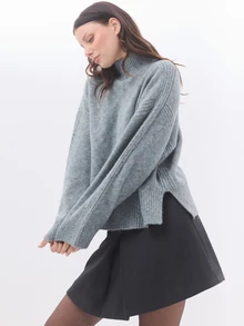 KÆRIA Hus Relaxed Funnel-Neck Jumper - Soft Touch Knit - Blue Grey Marle - Winter Sweater, Minimalist, Office - Grey - View 3