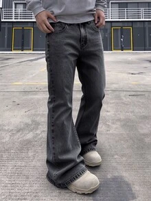 RivetRise 男士黑色喇叭口袋牛仔長褲，修身水洗工裝褲，冬季街頭風休閒長牛仔褲，適合丈夫男友禮物，都市風格 - 灰色 - 查看 6