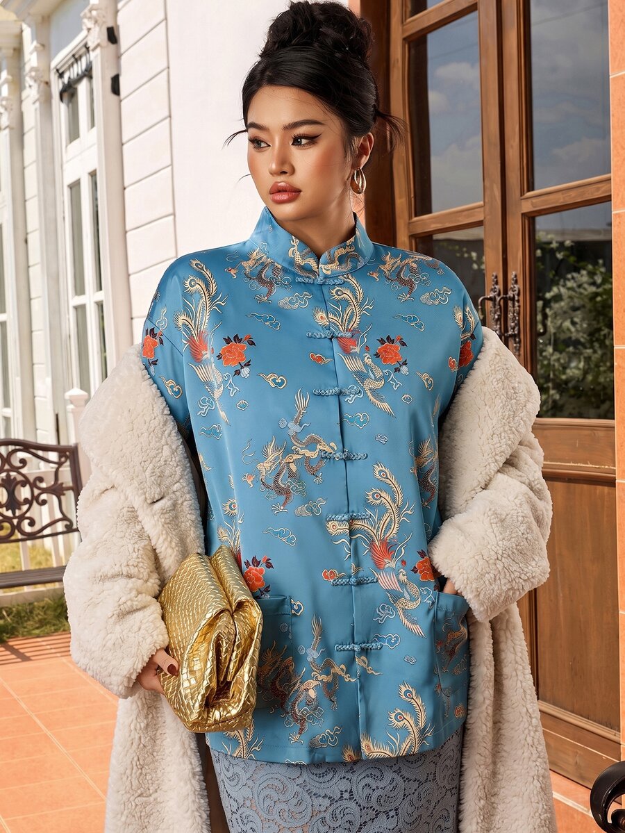 EastFlair Plus Size Women's Chinese Dragon Pattern Frog Button Front Elegant National Style Jacket - Multicolor - View 1