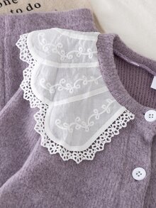SHEIN Girls Purple Lace Trim Oversized Collar Cardigan Set, Young Girl Autumn/Winter Ribbed Long Sleeve Top + Pants 2 Pieces Set, Sweet Princess Style, Soft And Comfortable - Purple - View 4