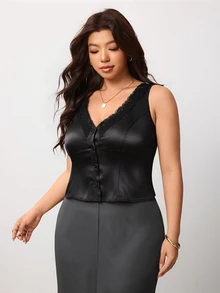 Enliva Áo vest sát nách size lớn bằng satin viền ren cổ chữ V cài nút trước cho dáng người quả lê và dáng tam giác - màu đen - Xem 4