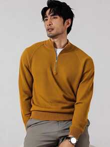 Manfinity Homme Men's Solid Color Raglan Long Sleeve Half-Zip Casual Sweater - Yellow - View 1