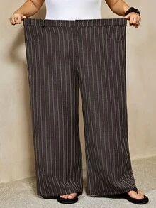 SHEIN CURVE+ Plus Size Coffee Striped Pants Trousers Business Office Casual, Christmas - Coffee Brown - View 4
