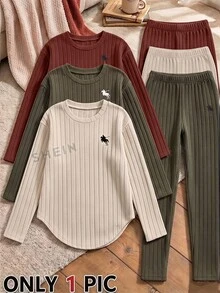 SHEIN Vintaside Kids Tween女孩秋冬加厚保暖學生運動風80年代可愛休閒內搭毛絨羅紋圓領長袖上衣與內搭褲T恤套裝 - 棕色 - 查看 1
