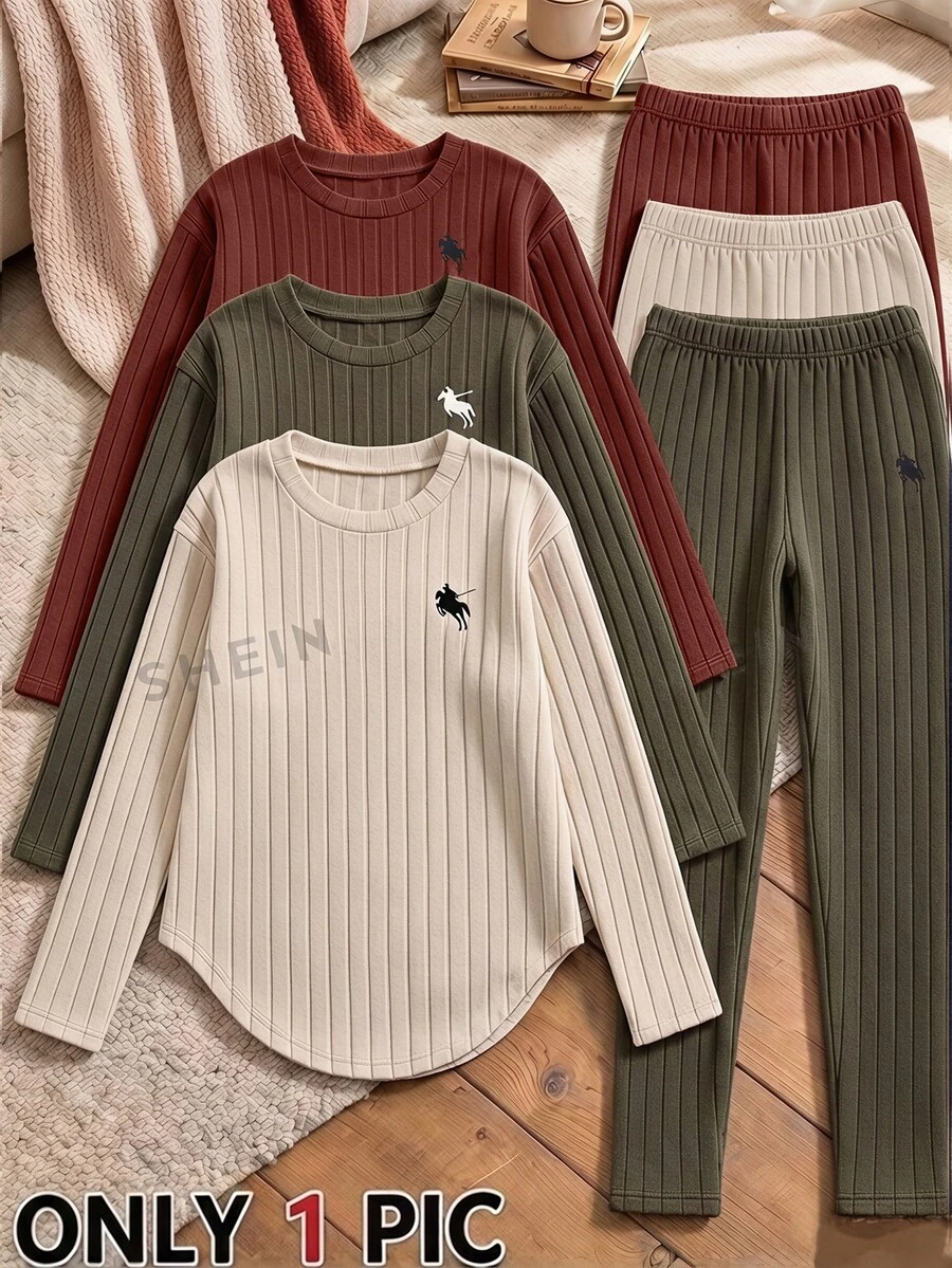 SHEIN Vintaside Kids Tween女孩秋冬加厚保暖學生運動風80年代可愛休閒內搭毛絨羅紋圓領長袖上衣與內搭褲T恤套裝 - 棕色 - 查看 1