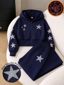 SHEIN 大女孩星星印花拉鍊連帽衛衣與寬腿褲 2 件套休閒海軍藍連帽運動服套裝 秋季款 - 黑色 - 查看 5