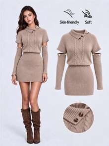 Sweetra Asymmetrical Collar Detachable Sleeve Knit Dress - Mocha Brown - View 1