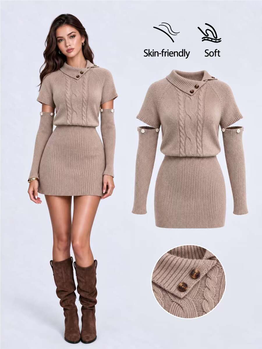 Sweetra Asymmetrical Collar Detachable Sleeve Knit Dress - Mocha Brown - View 1