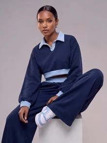 Zivah Women's Colorblock Long Sleeve Top And Pants Casual Daily Sportswear Set - Blue - View 6
