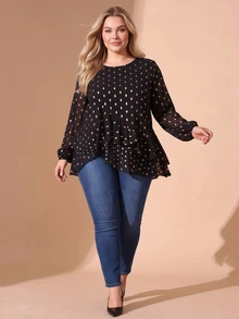 Cravure Plus Size Women's Gold Foil Polka Dot Round Neck Long Sleeve Asymmetrical Hem Fashion Top - Black - View 5