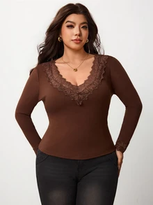 Enliva Plus Size Lace Trim V Neck Fitted Long Sleeve Top For Hourglass Body - Brown - View 4