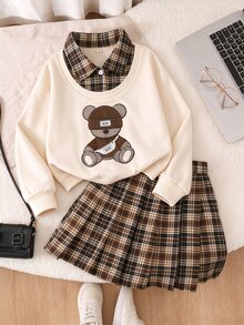 SHEIN 青少年女孩秋季上衣2件套T恤套裝，復古、寬鬆、針織、休閒、秋季、假日穿搭、舒適 - 杏色 - 查看 1