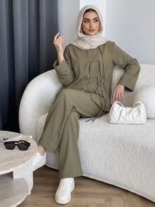Solavon New Chinese Vintage Frog Button Loose Fit Elegant Everyday Versatile Outfit - Army Green - View 5