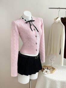 Elamini Women's Autumn/Winter Long Sleeve Fitted Lace Tie Bow Knit Sweater - Pink - View 4