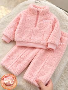 SHEIN Playful Pals 2件組幼女運動衫運動褲套裝，甜美公主風粉色愛心壓紋蝴蝶結，長袖立領加厚毛絨，冬季節日派對四分之一拉鍊款 - 粉色 - 查看 3