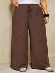 SHEIN CURVE+ Plus Size Women's Drawstring Waist Casual Versatile Everyday Travel Long Pants - Brown - View 5