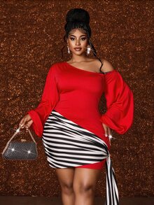 Maweii European And American Plus Size Asymmetrical Shoulder Long Sleeve Striped Print Ribbon Slim Fit Short Dress For Women - Red - View 1