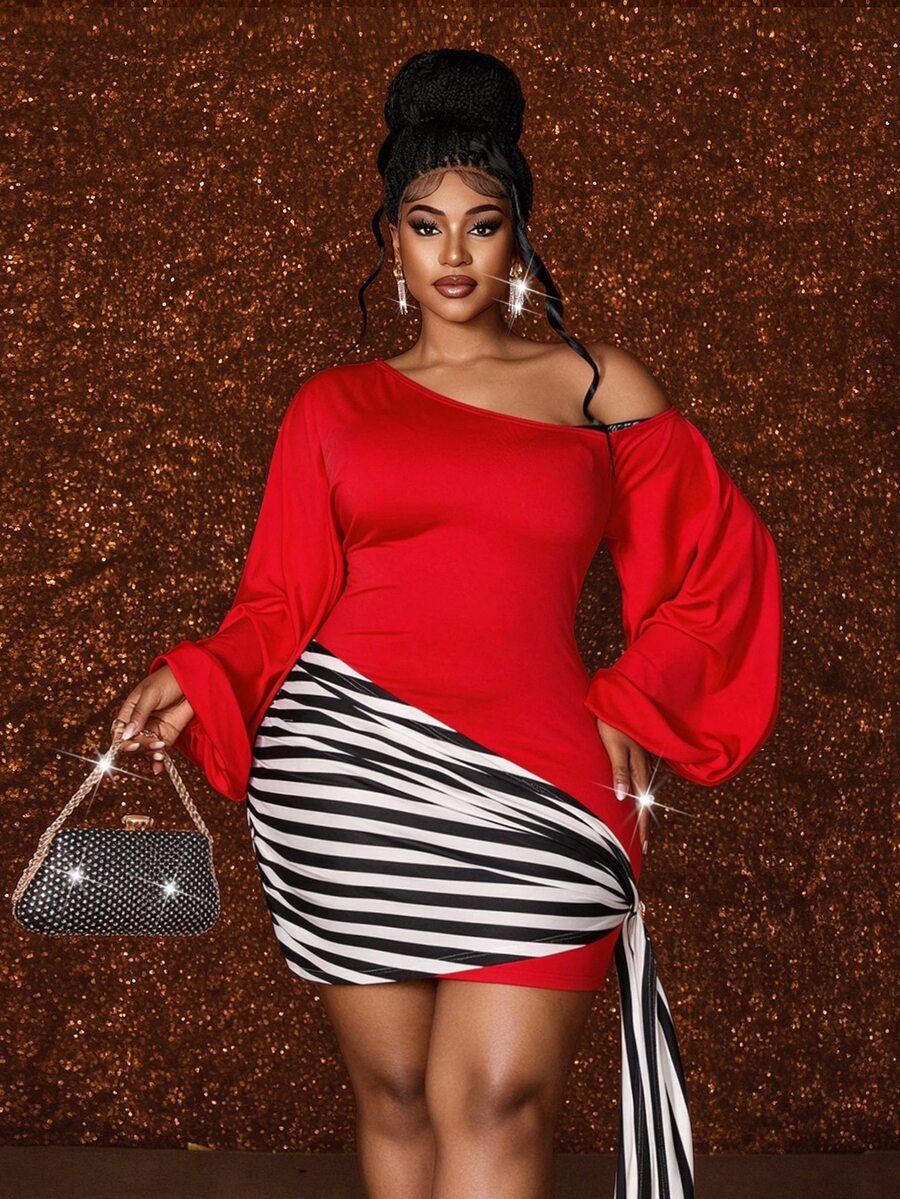 Maweii European And American Plus Size Asymmetrical Shoulder Long Sleeve Striped Print Ribbon Slim Fit Short Dress For Women - Red - View 1