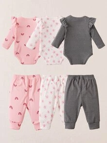 SHEIN 6件組新生女嬰連身衣+長褲套裝，甜美粉色荷葉邊雛菊花卉彩虹羅紋設計，長袖圓領，正裝款，適合生日派對、春季公主風 - 灰色 - 查看 2