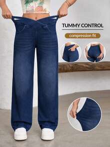 Flexra Women's Plus Size Stretch Straight Leg Elastic Waist Denim Jeans - Blue - View 5