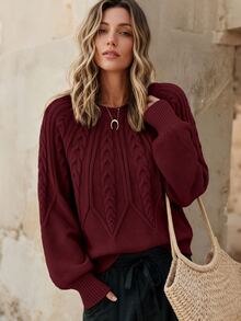 EMERY ROSE Cable Knit Lantern Sleeve Sweater,Long Sleeve Tops Knit Pullover Fall Winter - Burgundy - View 1