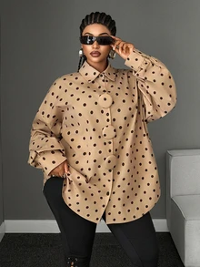 Maweii Plus Size Fashion Button Long Sleeve Polka Dot Shirt - Khaki - View 2