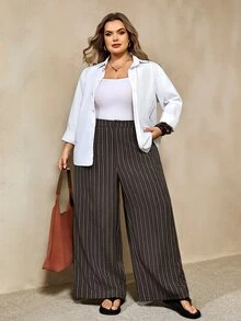 SHEIN CURVE+ Plus Size Coffee Striped Pants Trousers Business Office Casual, Christmas - Coffee Brown - View 7